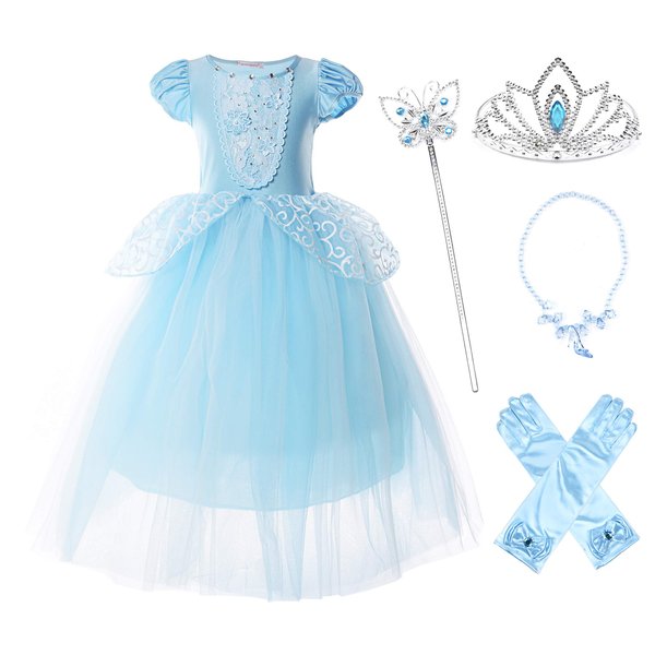 JerrisApparel Girls Princess Costume Puff Sleeve Fancy Birthday Party Dress up (5, Blue with Accessories)