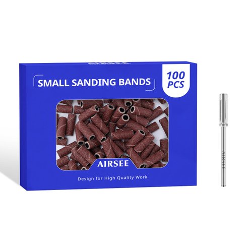 AIRSEE Small Sanding Bands 100Pcs Nail Drill Bits with 3.1mm Mandrel Bit, 180 Medium Grit Acrylic File Attachments Mini Professional Sander Salon Accessories Manicure and Pedicure Finger Callus, Brown