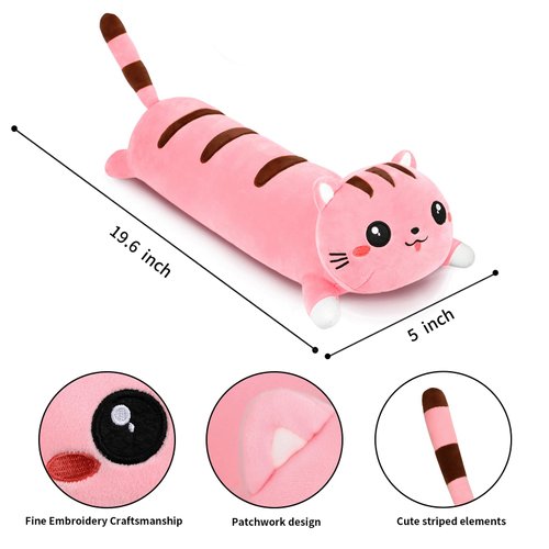 AFAN Cute Long Cat Plush Kawaii 19.6" Body Pillow Cat Stuffed Animals Soft Plushies Cuddly Cotton Kitten Sleeping Pillow Stuffed Plush Doll Toy Gift for Kids Girlfriend (Pink)