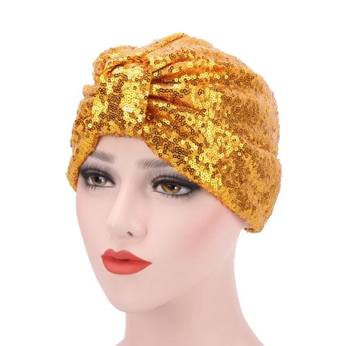 DECOU Sparkly Sequin Twist Pleated Hair Wrap Stretch Turban S232 (Gold)