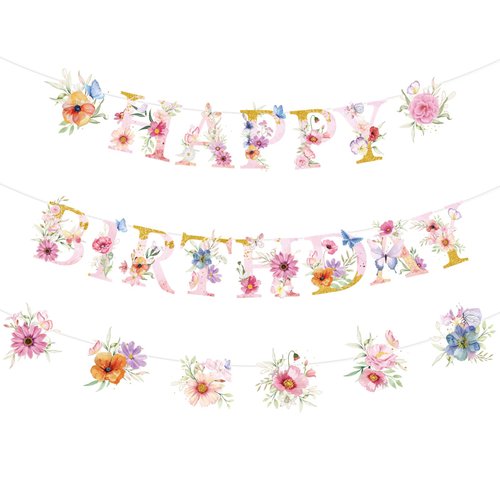 Luvsweets Wildflower Birthday Decorations for Girls - 3 Pcs Wildflower Happy Birthday Banner Decoration Party Supplies Garland Flower Party Decorations for Women Girl Birthday Decor