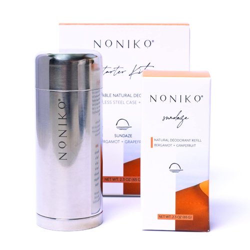 NONIKO - Natural Deodorant - SUNDAZE STARTER KIT - Stainless Steel Container - Aluminum Free, Paraben Free, Plastic Free - For Men & Women – Bergamot Grapefruit