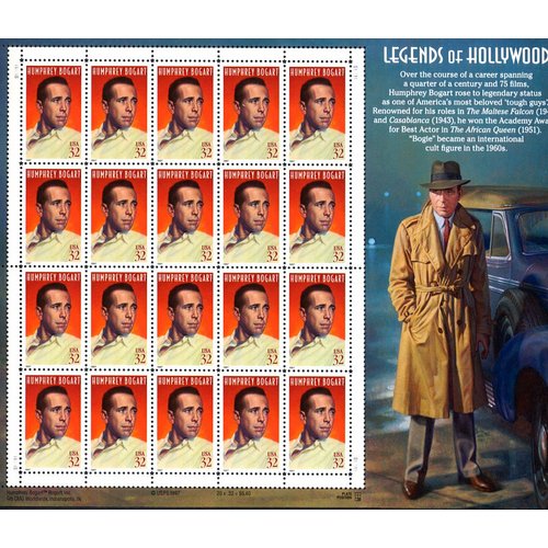 Humphrey Bogart, Legends of Hollywood, Full Sheet of 20 x 32-Cent Postage Stamps, USA 1997, Scott 3152