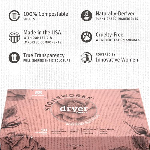Grab Green Stoneworks Dryer Sheets, 160 Sheets, Rose Petal Scent, Plant and Mineral Based, Softens Fabrics, Reduces Static-Cling and Wrinkles, Freshens Clothing