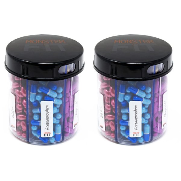 Monster Jr Supplement Pill Dispenser with Labels - Holds Small Medium Medication Vitamins and Easily Dispense from One Container Includes Compartment Labels (Monster Jr - 2 Pack)