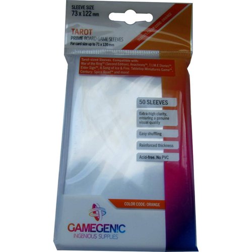 Prime Board Game Sleeves | Pack of 50 Extra-Clear Sleeves | 72 by 122 mm Card Sleeves Optimized for Use with Tarot Cards | Premium Card Protection | FFG Orange Color Code | Made by Gamegenic