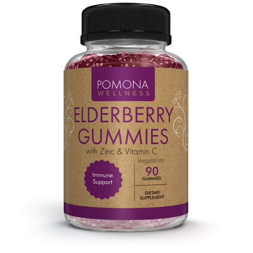 Pomona Wellness Elderberry Gummies with Zinc and Vitamin C for Immune Support 3-1 Chewable Black Elderberry Gummy Supplement for Kids and Adults, Vegan, 90 Gummies