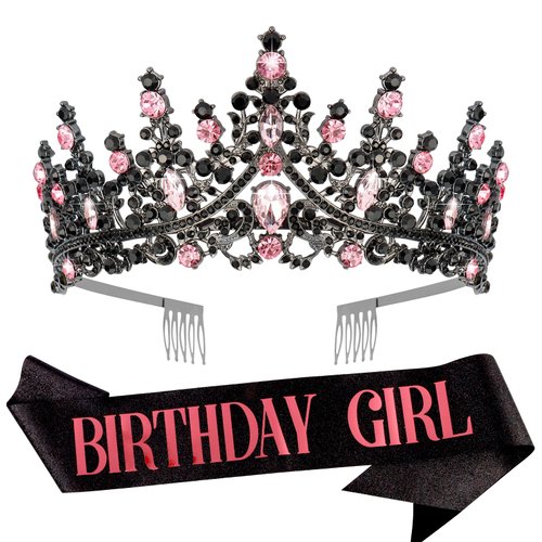 VELSCRUN Pink-Black Crystal Birthday Tiara Crowns for Women Girls Elegant Princess Crown with Combs Birthday Girl Headband Sash Happy Birthday Party Decorations Birthday Gift Hair Accessories