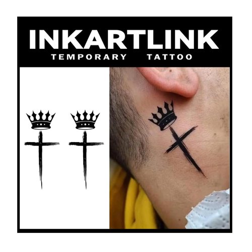 INKARTLINK Temporary Tattoos, 3 Sheets Small Semi Permanent Tattoo, Adult Art Design Temporary Tattoos, Lasts 1-2 Weeks, Waterproof, Realistic Look, No Adhesive, No Reflection (Crown and Cross)