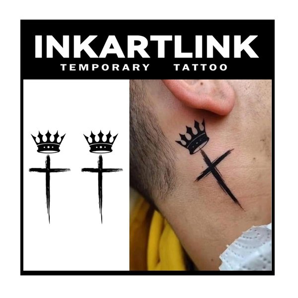 INKARTLINK Temporary Tattoos, 3 Sheets Small Semi Permanent Tattoo, Adult Art Design Temporary Tattoos, Lasts 1-2 Weeks, Waterproof, Realistic Look, No Adhesive, No Reflection (Crown and Cross)