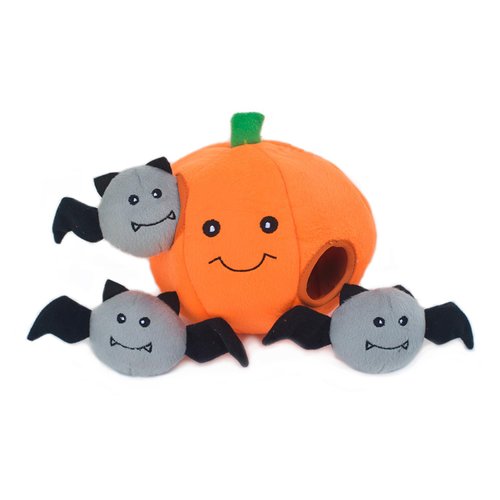 ZippyPaws Burrow Puzzle Plush Dog Toy, Interactive Squeaky Toy for Enrichment, Hide and Seek Game for Small to Medium Dogs, Pumpkin with Bats