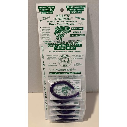 Striper Kellys Anise Scented Purple White Worms for Fish 6 Pack Bundle Pre Rigged Bass Worms 6 Total Licorice Smelling Fishing Worms