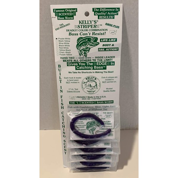 Striper Kellys Anise Scented Purple White Worms for Fish 6 Pack Bundle Pre Rigged Bass Worms 6 Total Licorice Smelling Fishing Worms