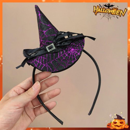 Halloween Headband Purple Witch Hat Hair Hoop Glitter Spider Web Hair Accessories for Women Girls Cosplay Makeup Costume Decoration Party Supplies