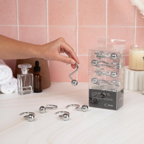 Hermosa Collection Luxury S Shower Curtain Hooks (12-Pack) Hotel Quality Silver Chrome Finish | Bathroom Accessories | Non-Slip Ball End | Easy to Hang