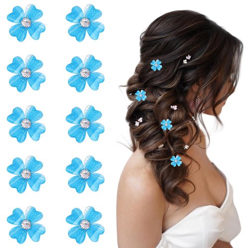 10 Pcs Small Flower Hair Clips with Rhinestone Mini Clover Cute Hair Pins Wedding Bridal Hair Accessories Decorative for Fine Hair Barrettes for Girls Women(Blue)