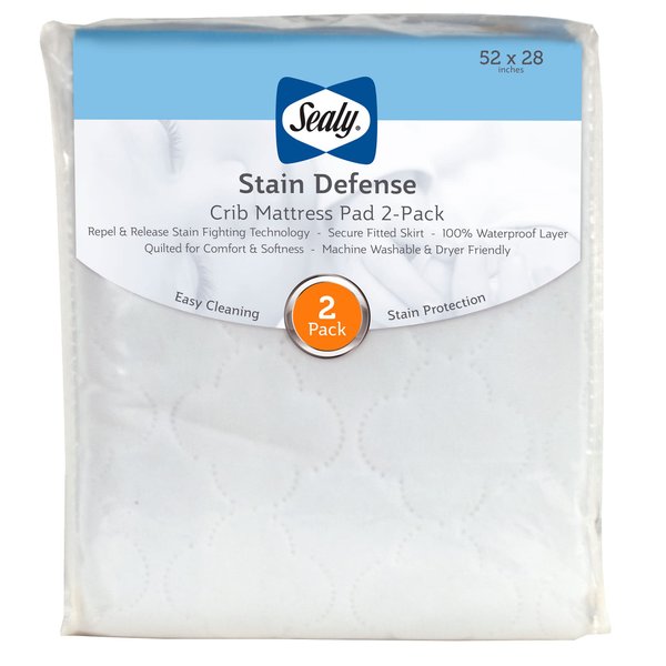 Sealy Stain Defense 2-Pack Fitted Toddler Bed and Baby Crib Mattress Pad Protector, Noiseless, Machine Washable and Dryer Friendly, 52" x 28" - White