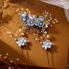 Foyte Crystal Leaf Wedding Hair Comb and Hair Pins Blue Flower Headpiece Rhinestone Gold Hair Piece Bride Pearl Hair Accessories Set for Women