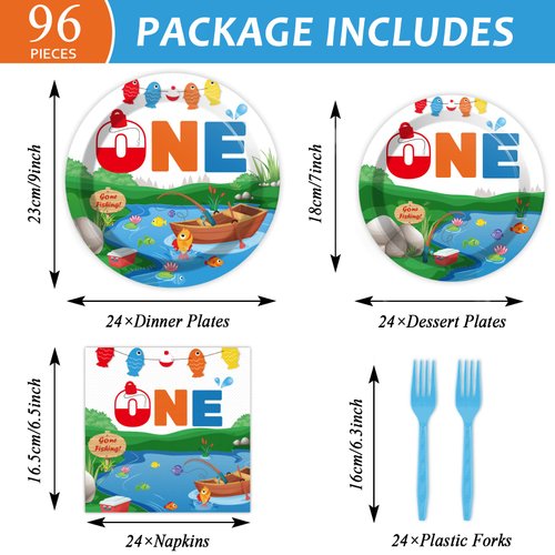 96 Pcs Ofishally One Birthday Party Paper Plate and Napkins Gone Fishing 1st Party Party Decorations Little Fisherman Tableware Set Disposable The Big One Birthday Supplies for Party Favors 24 Guests