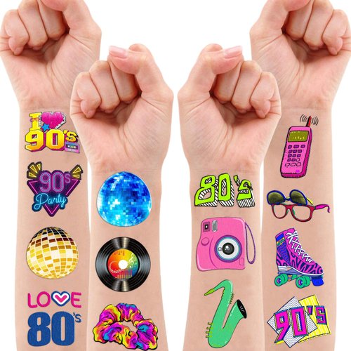 100 PCS Back To The 90s 80s Retro Theme Temporary Tattoos Themed Birthday Party Decorations Favors Supplies Decor 1990s 2000s 1980s Stickers Cute Gifts for Game Kids Boys Girls School Rewards Carnival