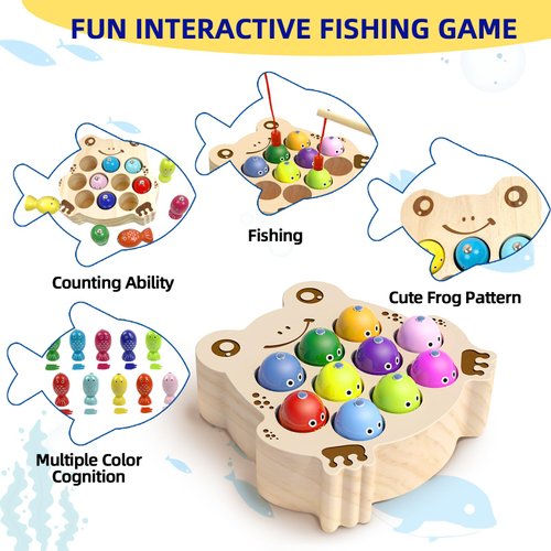 edutree Wooden Magnetic Fishing Game for Toddlers 1-3, Frog Fishing Color Sorting Montessori Sensory Preschool Educational Learning Fine Motor Skills Toys for 3 4 5 Years Old Boys Girls