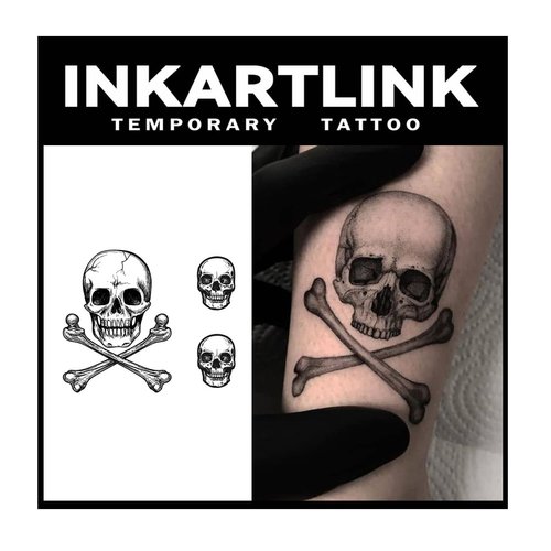 INKARTLINK Temporary Tattoos, 2 Sheets Medium Semi Permanent Tattoo Adult Art Design Waterproof Temp Tattoo Party Favors Realistic Look, No Adhesive, Lasts 1-2 Weeks Black (Skull and bones)