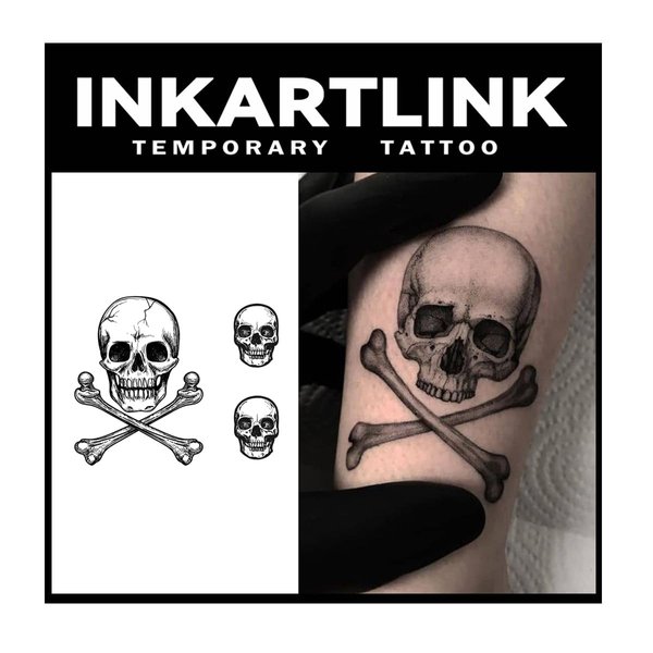 INKARTLINK Temporary Tattoos, 2 Sheets Medium Semi Permanent Tattoo Adult Art Design Waterproof Temp Tattoo Party Favors Realistic Look, No Adhesive, Lasts 1-2 Weeks Black (Skull and bones)