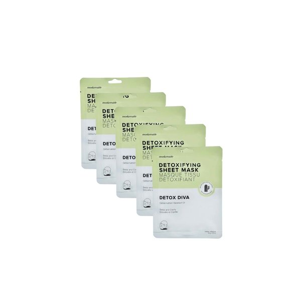 MaskerAide Detox Diva - 5 Pack, Exfoliating Face Mask with Chinese Plum, Green Algae, Geranium Oil, Seaweed, Honey & Green Tea, for Acne & Blemishes, Cruelty Free, Korean Skincare