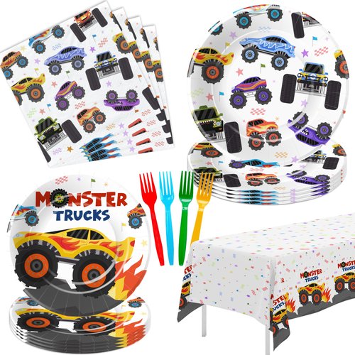 APOWBLS Monster Truck Birthday Party Supplies, Monster Theme Jam Party Decorations Tableware, Plate, Napkin, Tablecloth, Fork, Monster Truck Birthday Plate And Napkin Decorations Dinnerware | Serve 24