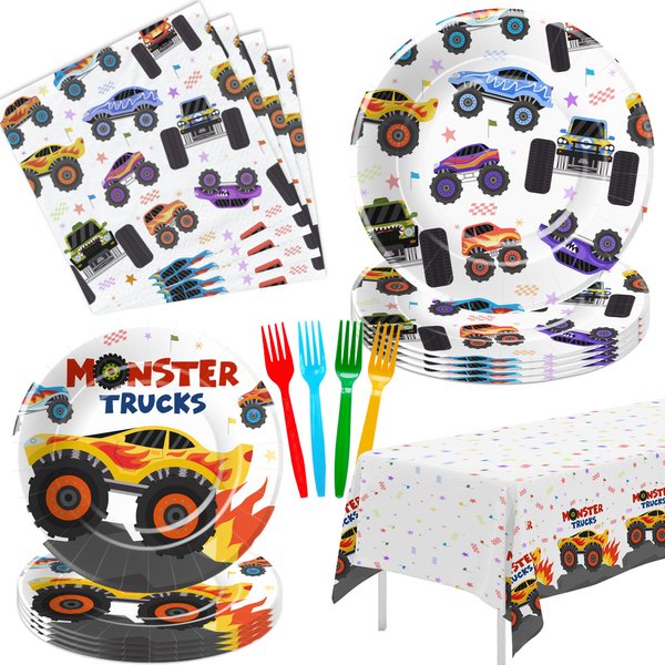 APOWBLS Monster Truck Birthday Party Supplies, Monster Theme Jam Party Decorations Tableware, Plate, Napkin, Tablecloth, Fork, Monster Truck Birthday Plate And Napkin Decorations Dinnerware | Serve 24