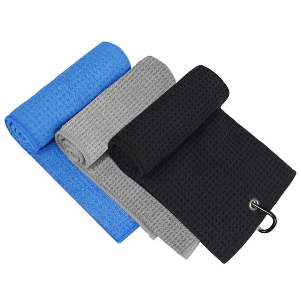 MOSUMI Golf Towel, 3 Pack Microfiber Golf Towels (16"x16") for Golf Bags with Clip, Tri-fold Waffle Pattern Golf Towel, Blue, Black and Gray