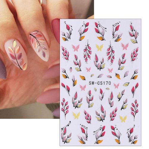 6 Sheets Autumn Nail Decals Fallen Leaves Flower Nail Art Stickers 3D Self-Adhesive Fall Maple Leaf Nail Stickers with Nail Tweezers Heart Floral Nail Decoration for Women Girls Manicure Nail Supplies