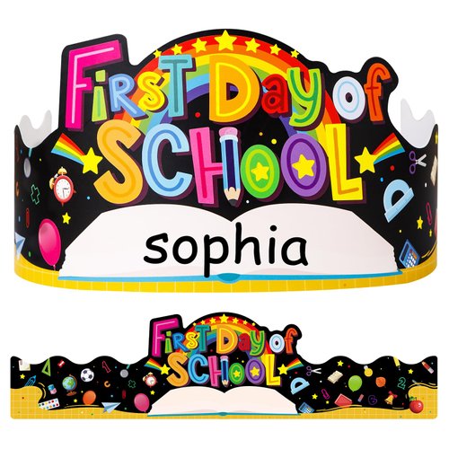 SICOHOME Back to School Paper Crowns Personalized First Day of School Party Hats for Kids 24Pcs Classroom Crowns with Elastic Back to School Decorations for Kindergarten Activities Party Supplies