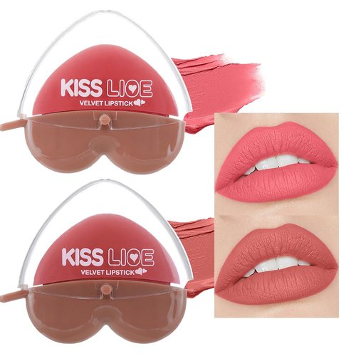 AMY&#39;S DIARY 2 Colors Matte Nude Lipstick Set, Matte Velvet Lipstick Heart Shape Lazy Lipstick, Lo...