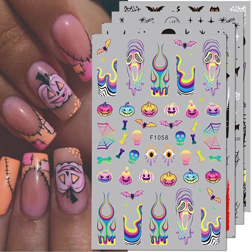 4Pcs Halloween Nail Stickers for Nail Art Scared Ghost Gel Nail Stickers Pumpkin Spider French Tip Nail Art Stickers Bat Cat Nail Decals Cobweb Skull Nail Decals with Scary Design Odd Nail Decoration