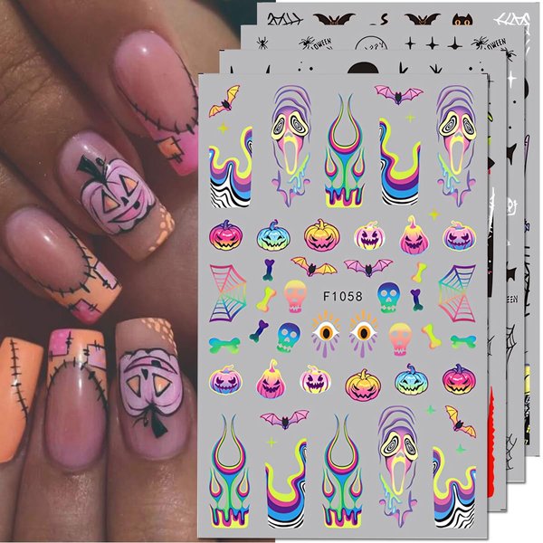 4Pcs Halloween Nail Stickers for Nail Art Scared Ghost Gel Nail Stickers Pumpkin Spider French Tip Nail Art Stickers Bat Cat Nail Decals Cobweb Skull Nail Decals with Scary Design Odd Nail Decoration