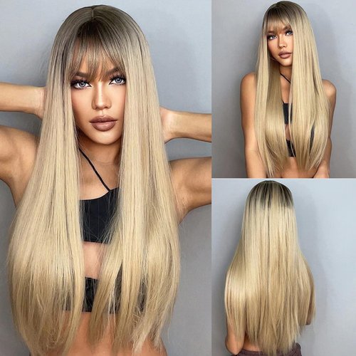 Blonde Wig With Bangs Long Straight Wig Blonde Wigs for Women 30 Inch Ombre Wig Dirty Blonde Wig Natural Hair Wig Cosplay Synthetic Wig Heat Resistant Fiber Hair Replacement Wigs for Daily Party Use