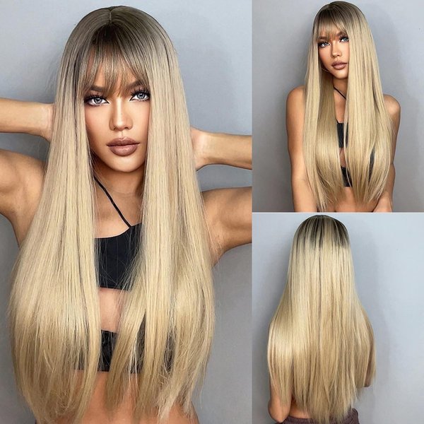 Blonde Wig With Bangs Long Straight Wig Blonde Wigs for Women 30 Inch Ombre Wig Dirty Blonde Wig Natural Hair Wig Cosplay Synthetic Wig Heat Resistant Fiber Hair Replacement Wigs for Daily Party Use