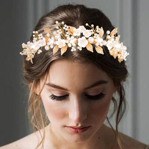 CAKURE Gold Leaf Headband Flower Bride Wedding Headpiece Pearl Bridal Hairband Wedding Hair Accessories for Women and Girls
