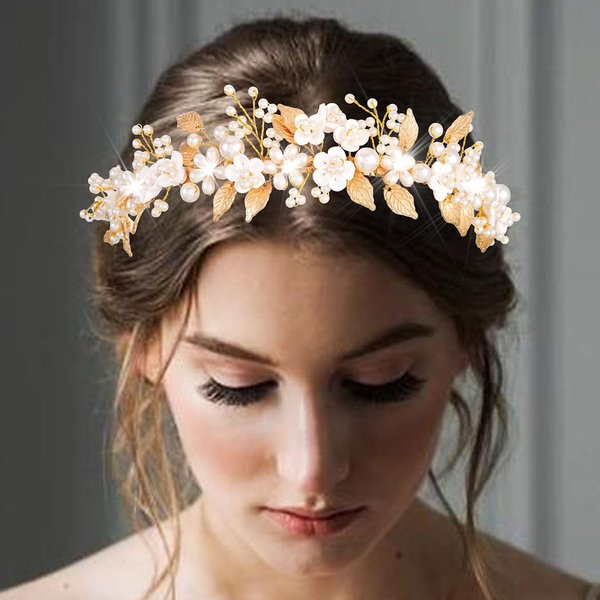 CAKURE Gold Leaf Headband Flower Bride Wedding Headpiece Pearl Bridal Hairband Wedding Hair Accessories for Women and Girls