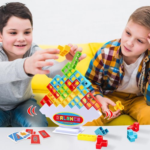 FAVANTIME 48pcs Attack Stack Game Tetra Balance Tower Stacking Blocks Board Games for 1-4 Players Family Games for Kids, Adults, Party, Travel Team Building Blocks Toy