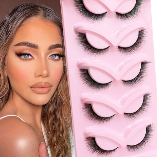 Veleasha Fox Eye Lashes L Curl Fluffy False Eyelashes 5 Pairs Pack Cat Eye Lashes Wispy & Lightweight Fake Eyelashes for Doll Eye Makeup (Foxy 04)