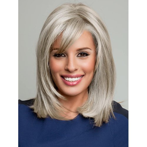 GNIMEGIL Light Grey Mix Blonde Wigs for Women with Bangs Synthetic Hair Replacement Wig Realistic Shoulder Length Bob Wig for Cosplay Halloween Costume Party