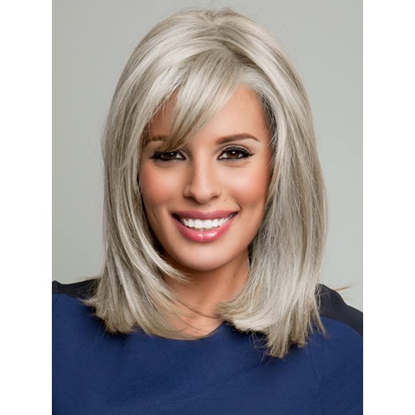 GNIMEGIL Light Grey Mix Blonde Wigs for Women with Bangs Synthetic Hair Replacement Wig Realistic Shoulder Length Bob Wig for Cosplay Halloween Costume Party