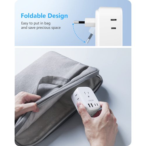 2 Pack European Travel Plug Adapter, LENCENT International Type-C Foldable Power Plug with 4 Outlets, USB C Charger Adaptor, US to Most of Europe EU Iceland Spain Italy France Germany, Cruise Approved