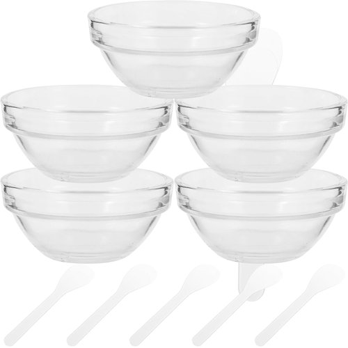 Beaupretty Face Mixing Bowl Set, Glass DIY Facemask Mixing Tool 5 Sets with Spatula Mixing Stick Brush Spa Applicator Cosmetic Beauty Salon Tool Clear