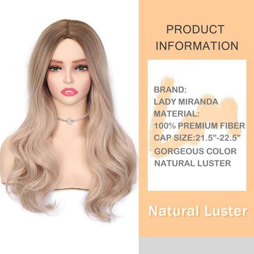 LADY MIRANDA Blonde Wigs for White Women Brown to Ash Blonde Natural Looking High Density Heat Resistant Synthetic Hair Weave Full Wigs for Women Middle Part Long Ombre Blonde Wavy Wig (T/Ash Blonde)