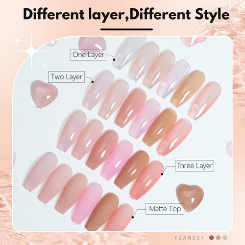 FZANEST Gel Nail Polish Jelly Nude Set,Sheer Natural Milky Pink 6 Colors Gel Polish Nail Kit Soak Off LED UV Varnish Nail Art Manicure Kit