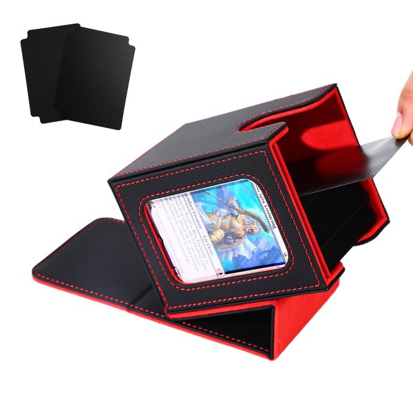 Venssu MTG Deck Box for Commander Display,Card Deck Box Fits 100 Double Sleeved Cards, TCG Card Storage Box with 2 Dividers and 1 Toploader (Black＆Red)