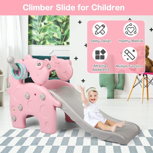 COLOR TREE Toddlers Slide and Climber Set - Kids Playground Climber Freestanding Slide Playset with Basketball Hoop Play Combination for Baby Boys Girls, Pink